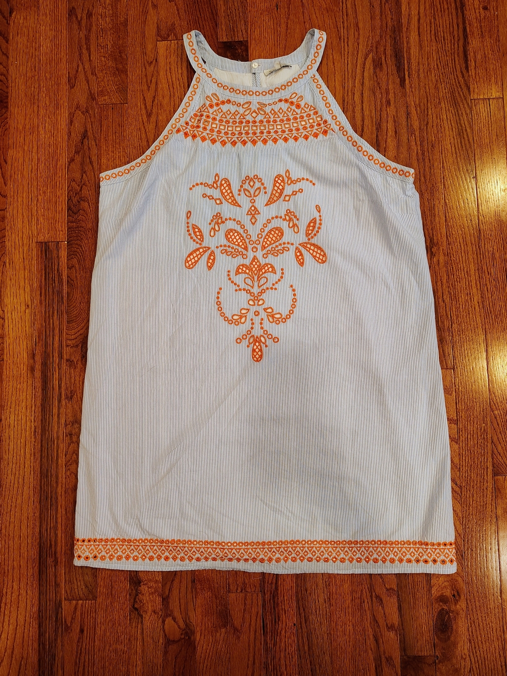 Skies Are Blue Embroidered Halter Striped Seersucker Sundress